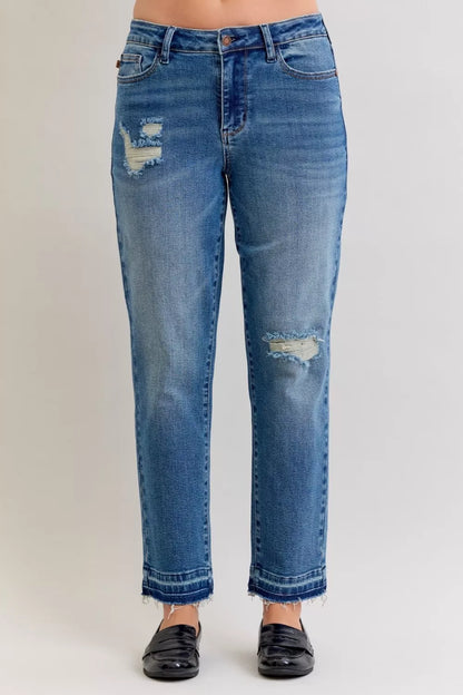Hazel Blues® | Judy Blue Mid Rise Bf Patch & Repair Destroy Release Hem Jeans
