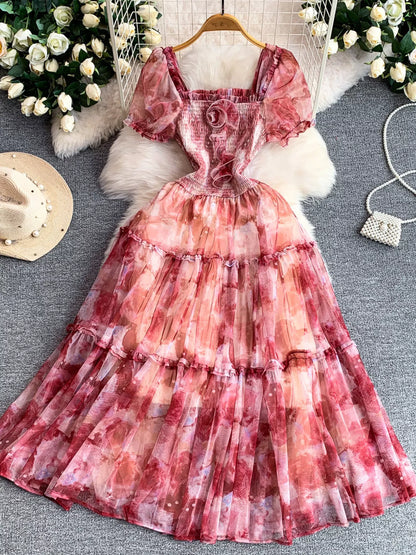 Hazel Blues® |  Smocked Floral Tiered Mesh Midi Dress