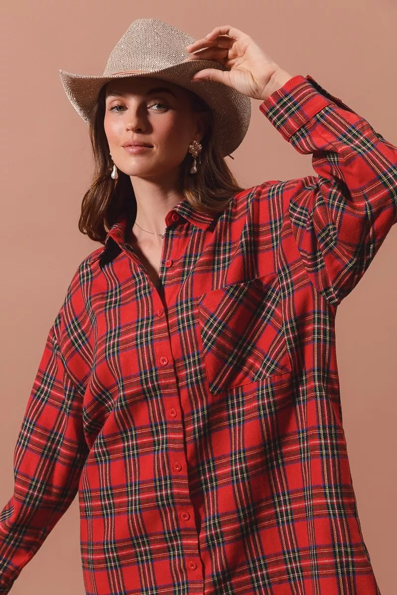 Hazel Blues® |  SO ME Christmas Checker Plaid Button Up Shirt Dress