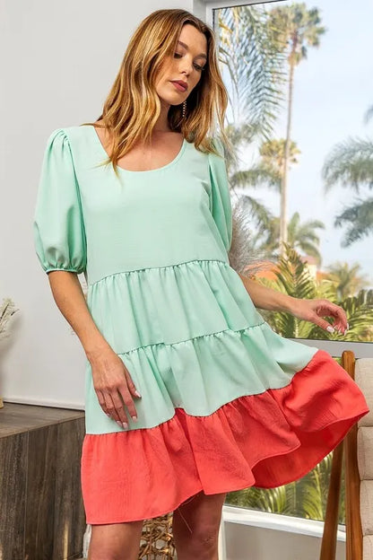 Hazel Blues® |  BiBi Two-Tone Balloon Sleeves U Neck Tiered Ruffle Hem Mini Dress