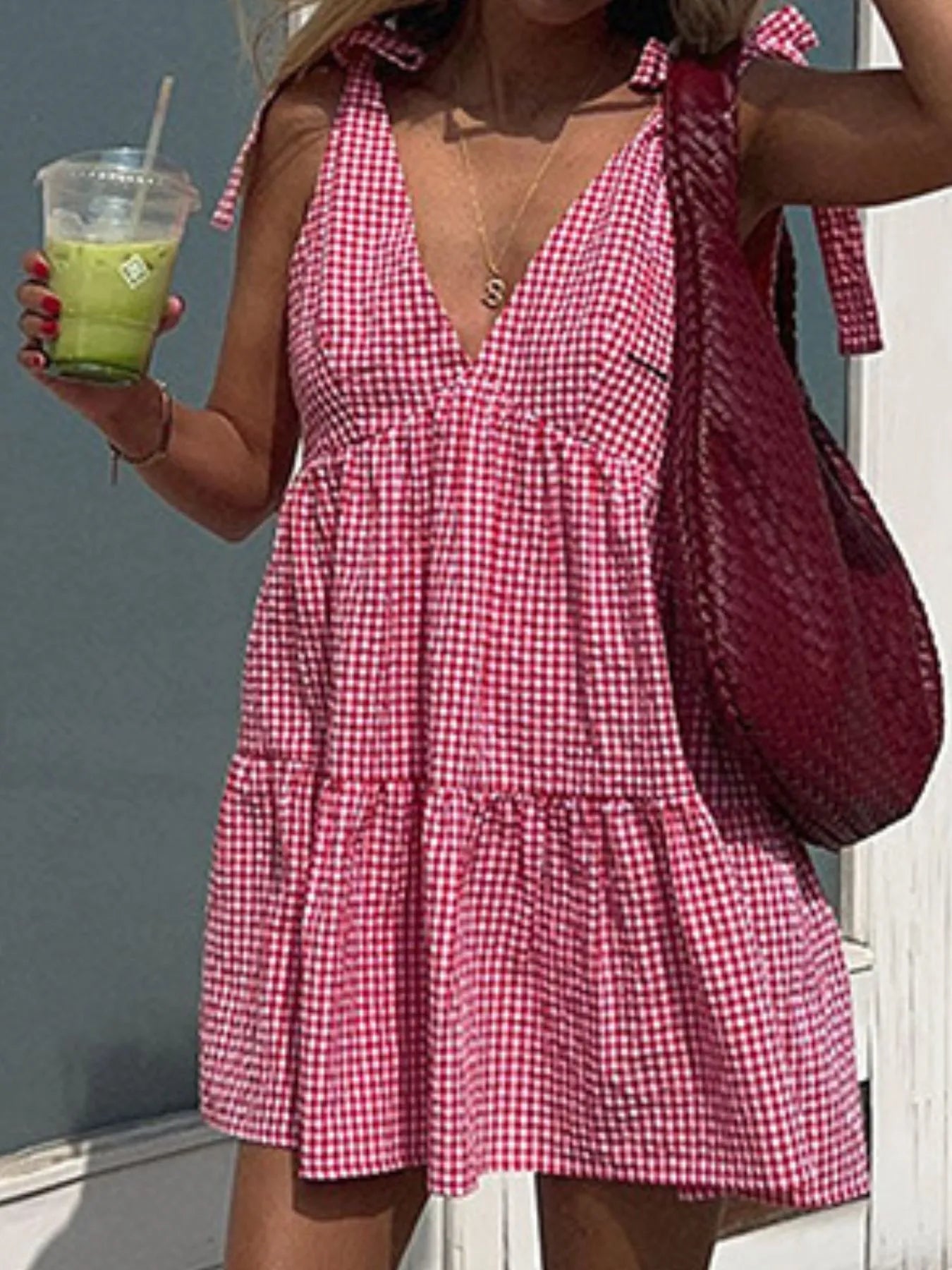 Hazel Blues® |  Gingham Tie Shoulder Mini Dress