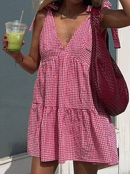 Hazel Blues® |  Gingham Tie Shoulder Mini Dress