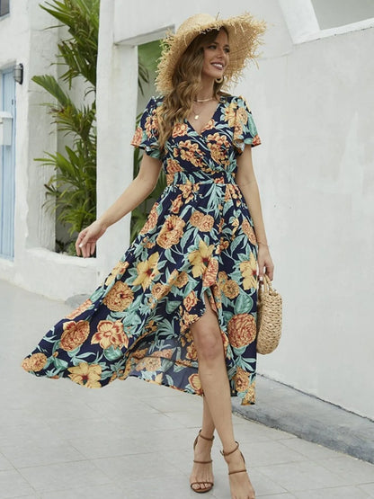 Hazel Blues® |  Floral Print Short Sleeve Wrap Midi Dress