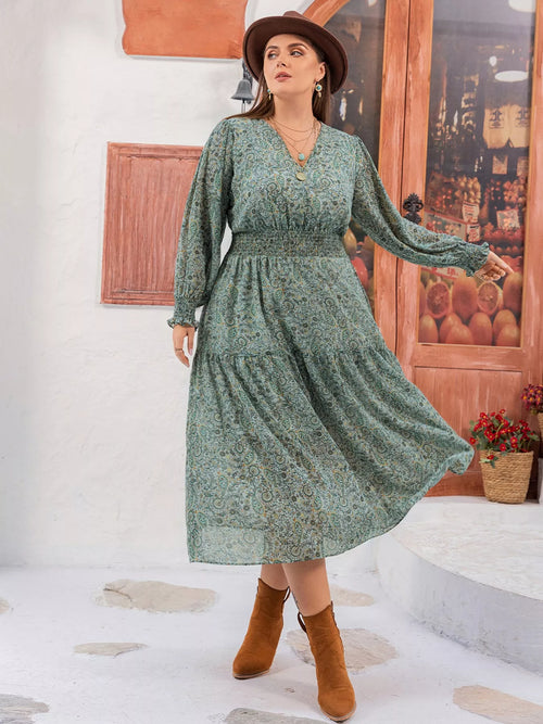 Hazel Blues® | Printed V-Neck Long Sleeve Midi Dress
