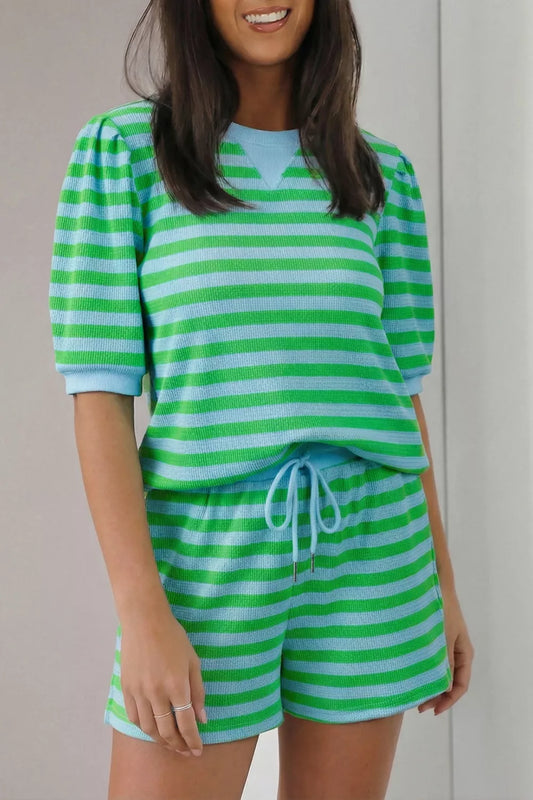 Stripe Right Shorts | Striped Drawstring Puff Sleeve Shorts