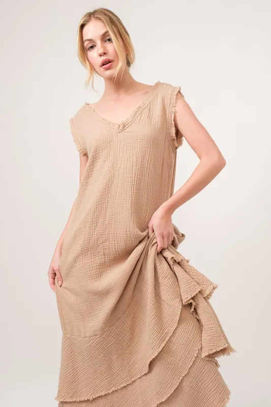 Hazel Blues® |  And The Why Washed Cotton Gauze Fringe Detail Tiered Dress
