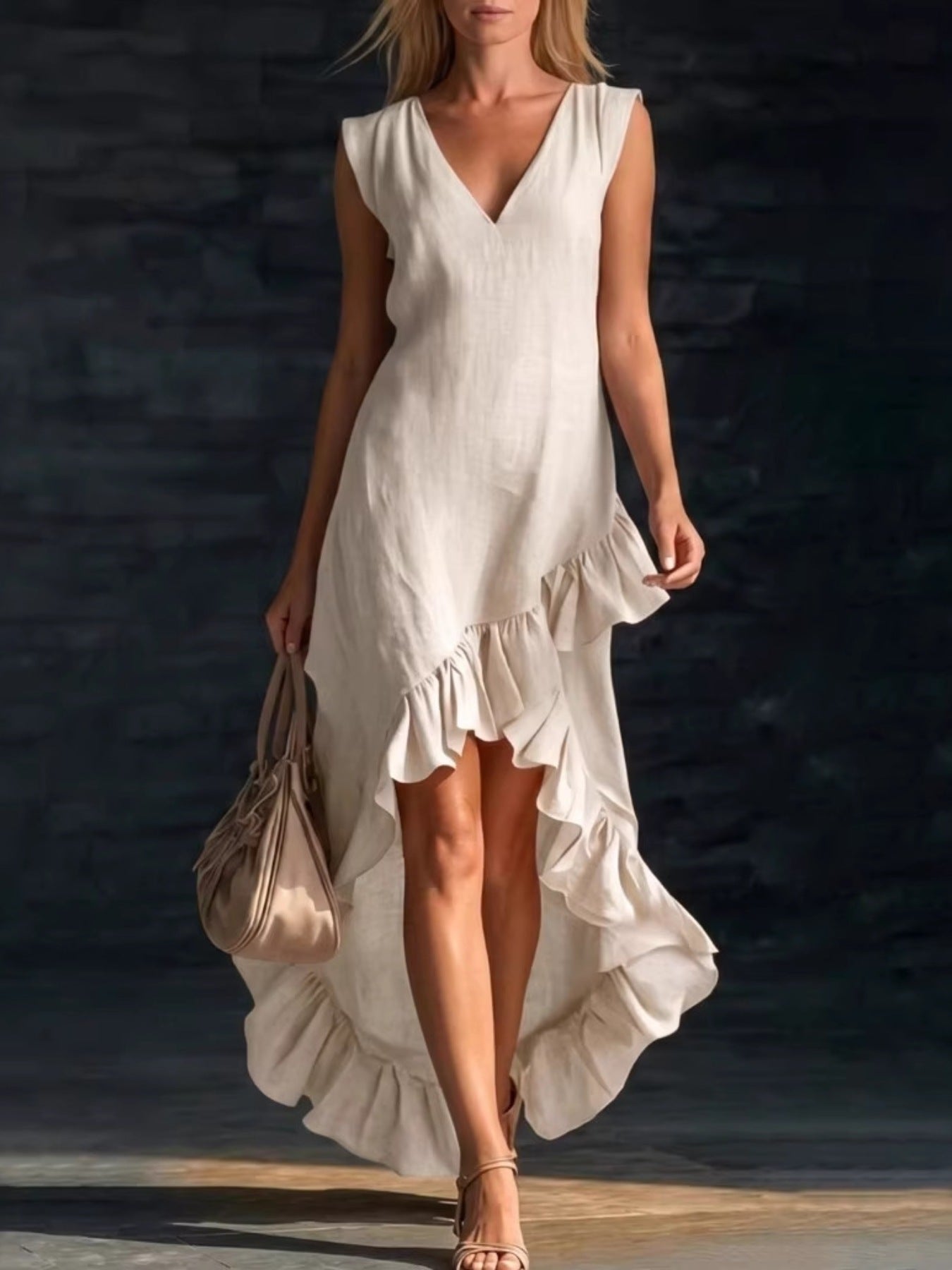 Hazel Blues® |  Sleeveless V-Neck Ruffle Hem High-Low Dress