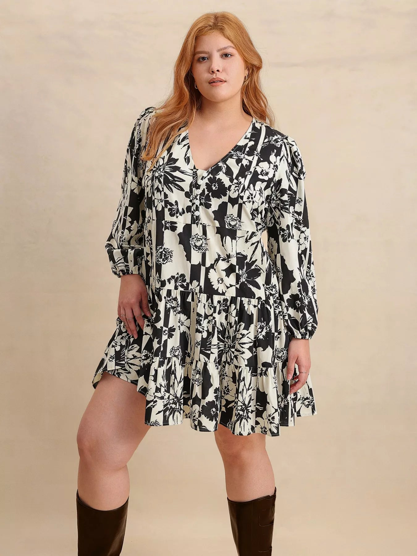 Hazel Blues® | Printed V-Neck Long Sleeve Mini Dress