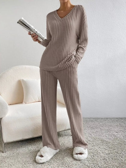 Hazel Blues® |  Ribbed Knit V-Neck Top and Pants Set