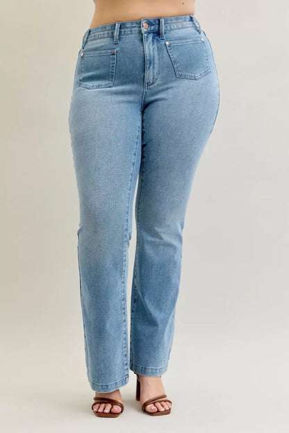 Hazel Blues® | Judy Blue Mid Rise Bootcut Jeans with Contrast Wash & Front Patch Pockets