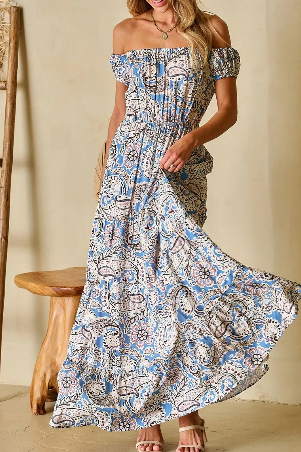 Hazel Blues® |  Boho Paisley Print Off Shoulder Maxi Dress