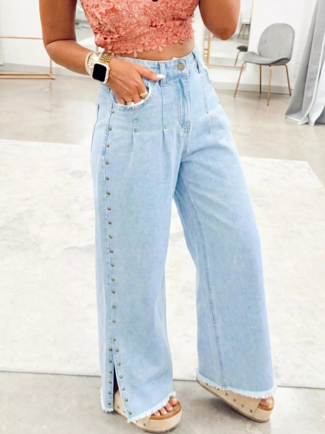 Hazel Blues® |  Studded Side Slit Leg Frayed Pocketed Wide Leg Jeans