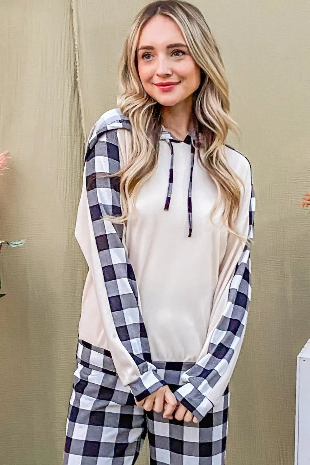 Hazel Blues® |  And The Why Drawstring Hooded Top and Plaid Pants Lounge Set