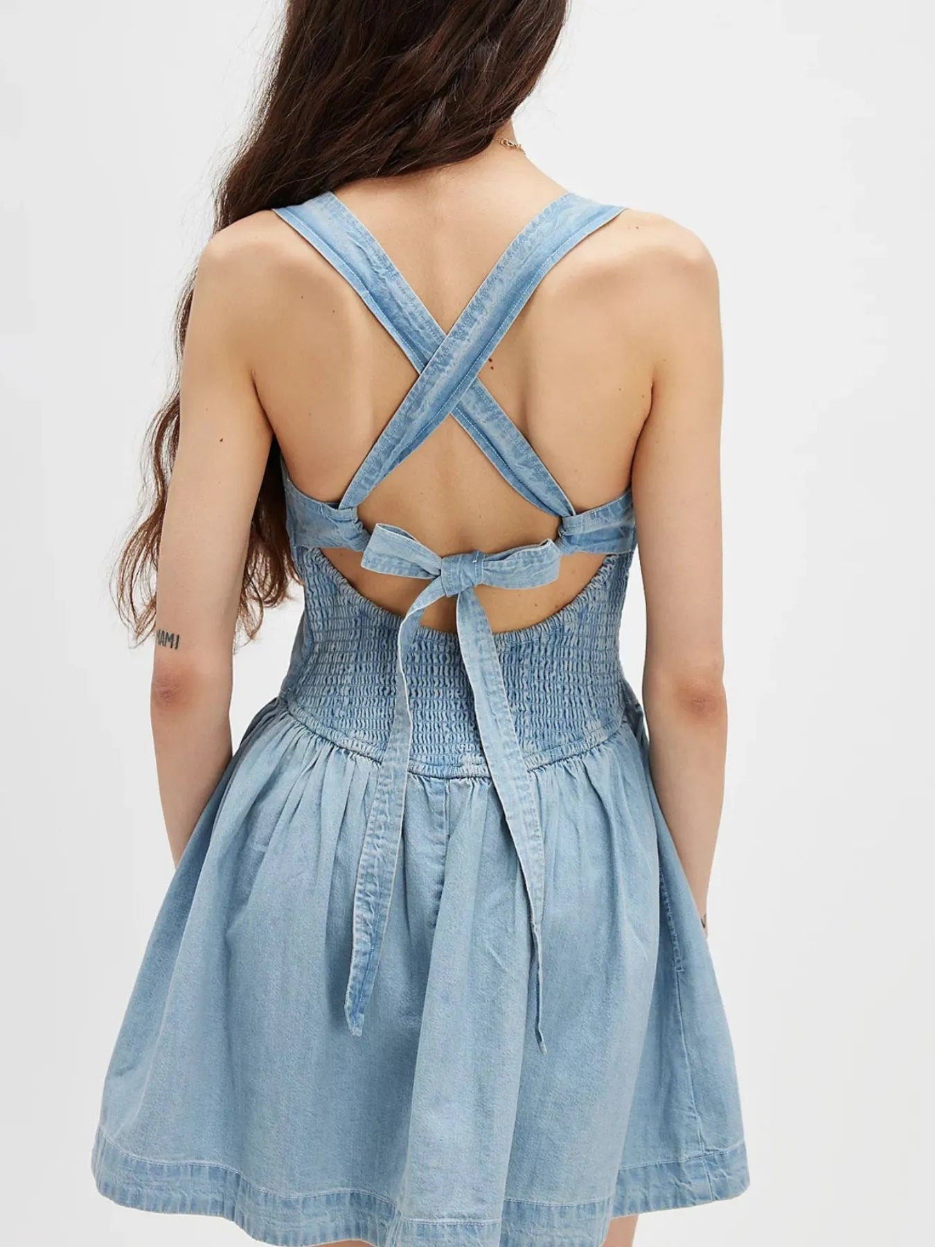 Hazel Blues® |  Smocked Crisscross Back Denim Mini Dress