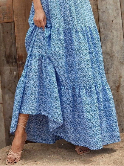 Hazel Blues® |  Printed V-Neck Ruffled Cap Sleeve Maxi Dress