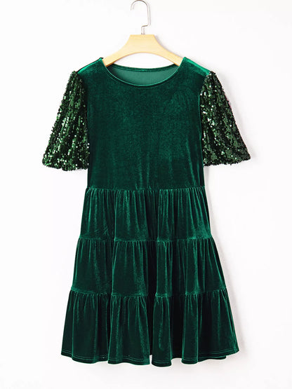 Hazel Blues® |  Sequin Puff Sleeve High Waist Tiered Velvet Mini Dress