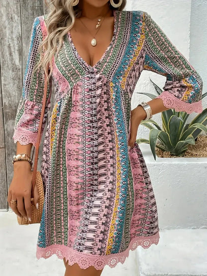 Hazel Blues® |  Lace Trim Printed V-Neck 3/4 Sleeve Dress