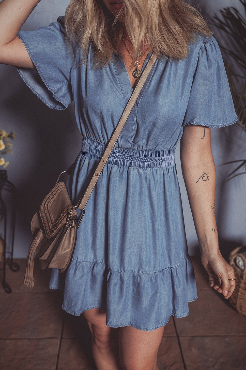 Hazel Blues® |  Ruffled Hem Smocked Flutter Sleeve Denim Mini Dress