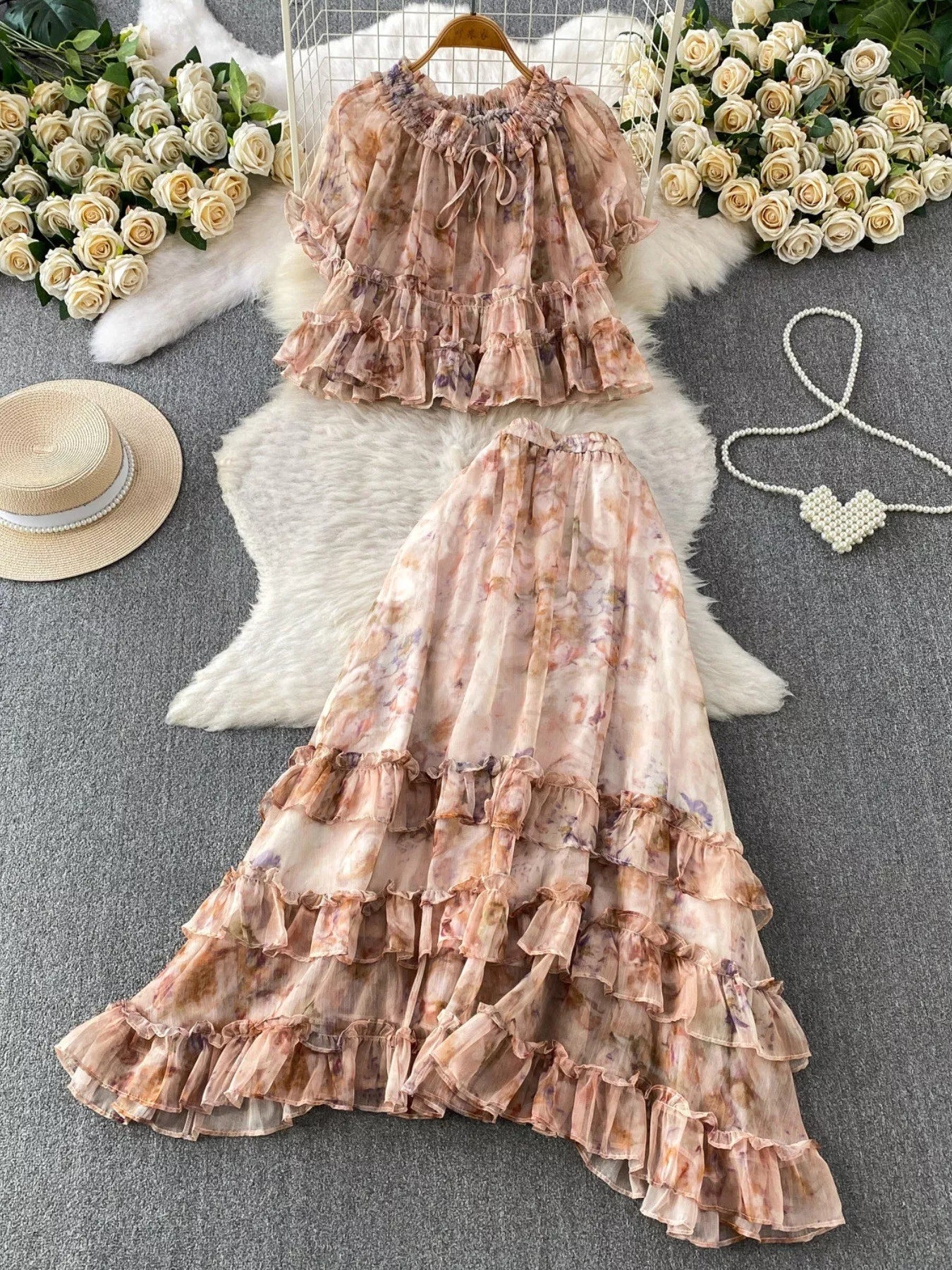 Hazel Blues® |  Floral Print Ruffle Hem Blouse and Skirt Set