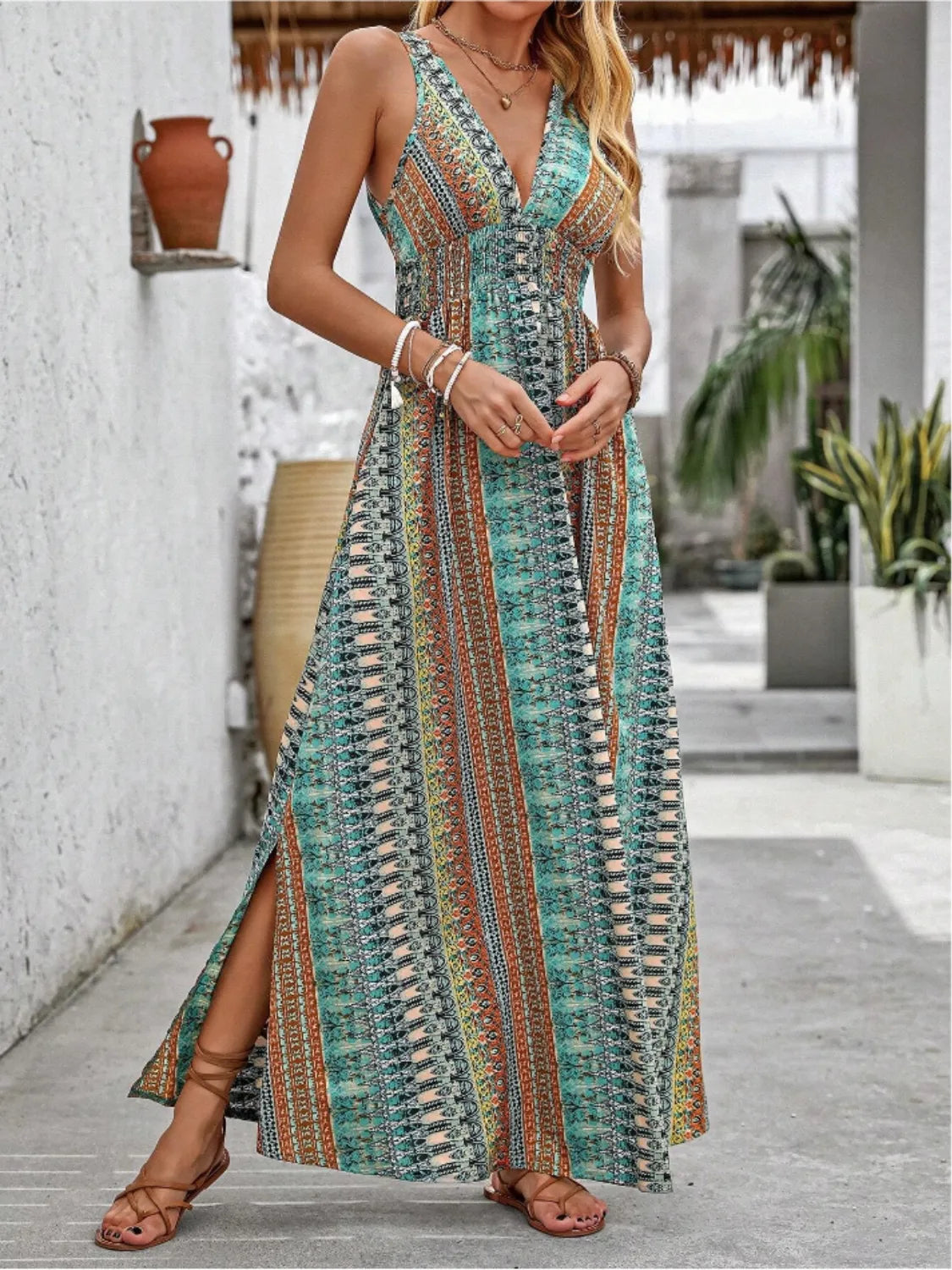 Hazel Blues® |  Tied Back Printed Sleeveless Maxi Slit Dress