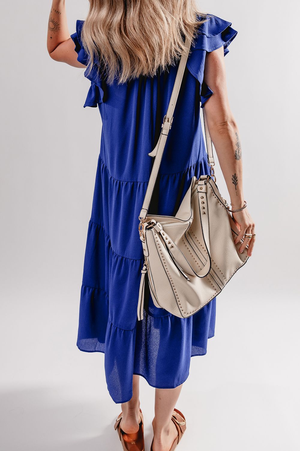 Hazel Blues® |  Ruffled Short Sleeve Collared V Neck Tiered Midi Dress