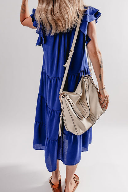 Hazel Blues® |  Ruffled Short Sleeve Collared V Neck Tiered Midi Dress