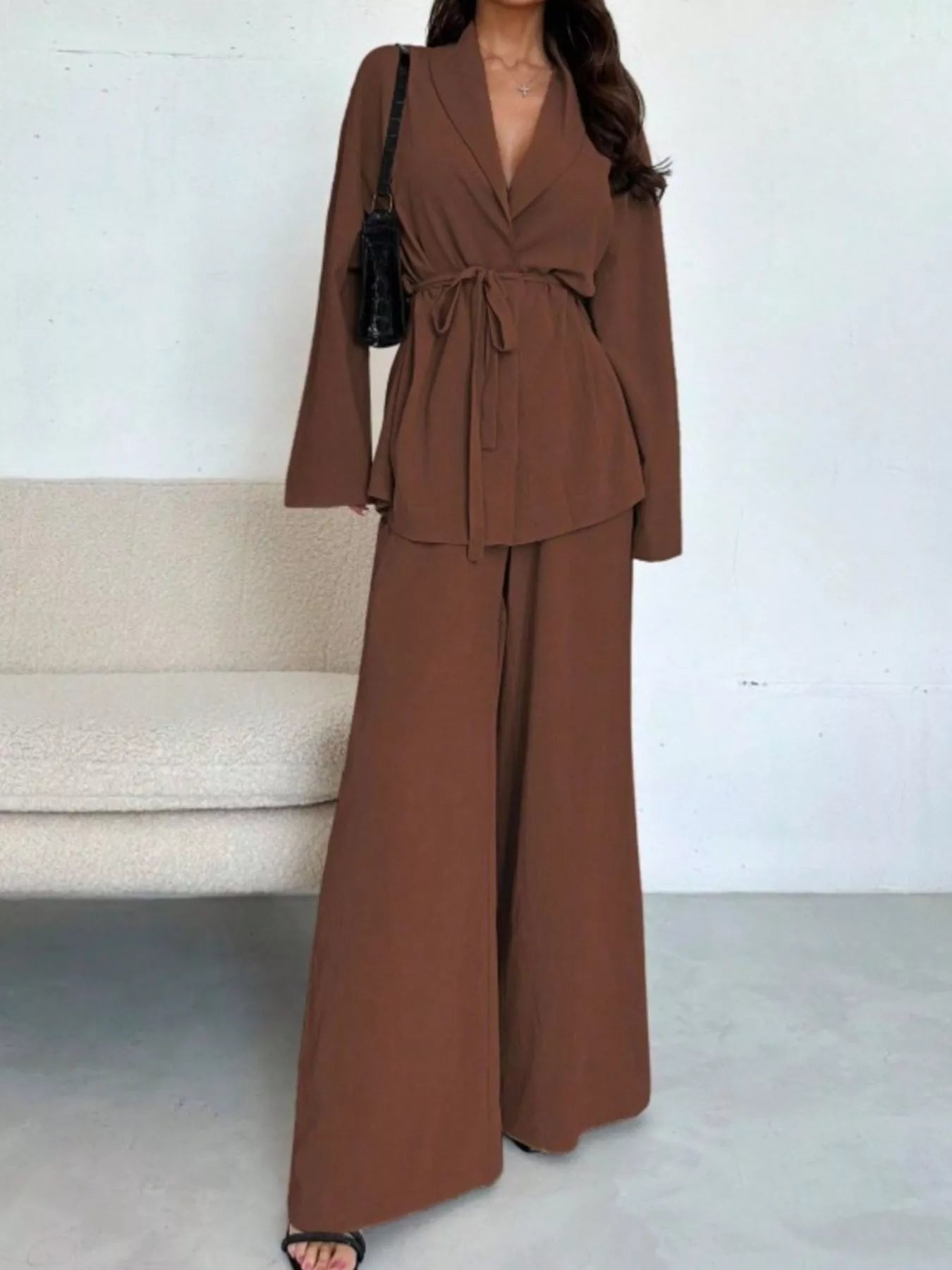 Hazel Blues® |  Front Tied Shirt and Wide-Leg Pants Set