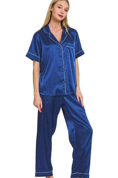 Hazel Blues® |  Zenana Satin Short Sleeve Top and Pants Pajama Set