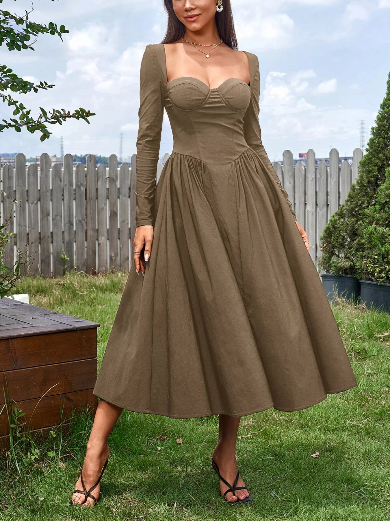 Hazel Blues® |  Sweetheart Neckline Long Sleeve A-Line Midi Dress
