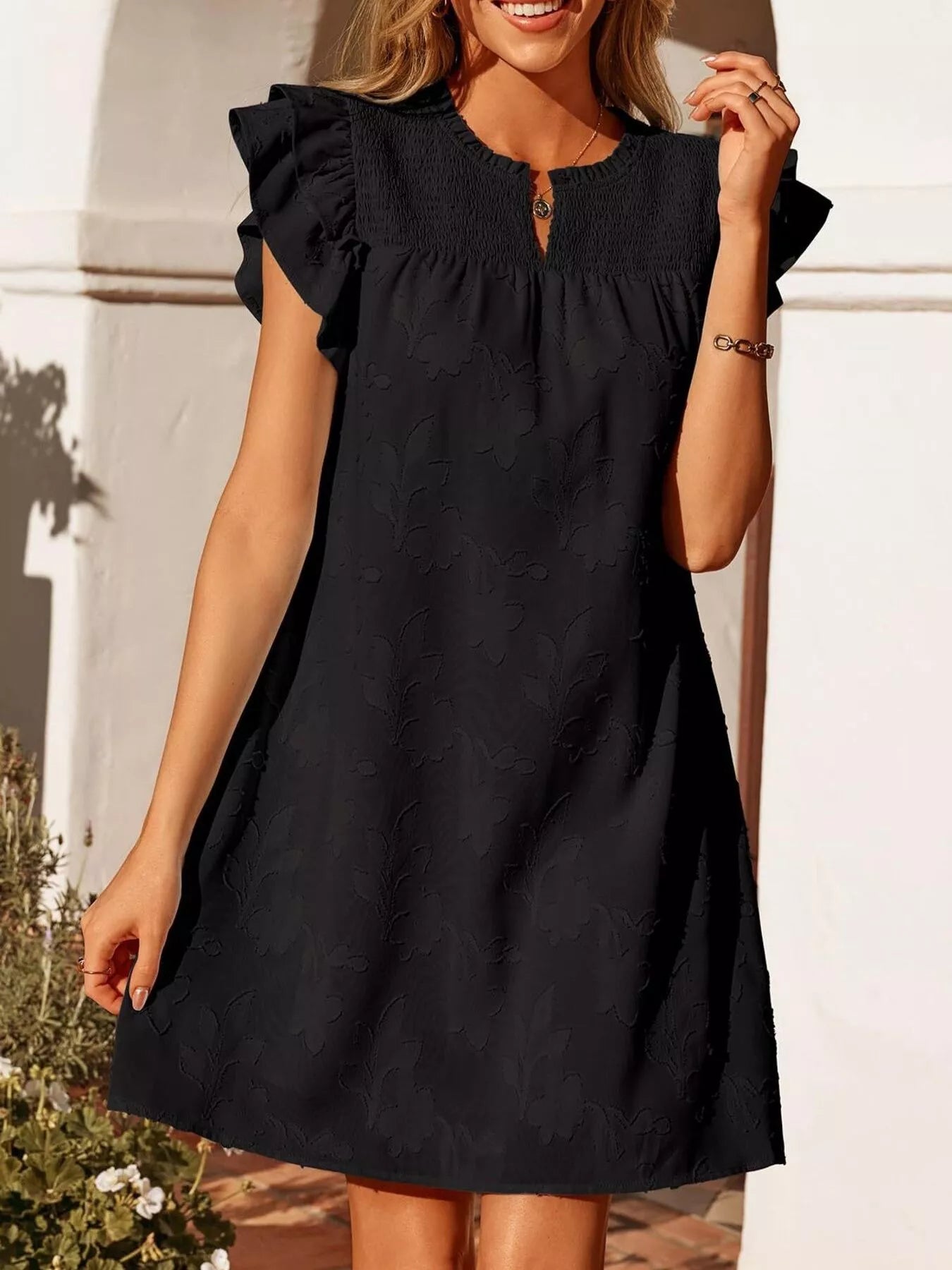 Hazel Blues® |  Floral Embossed Ruffle Sleeve Mini Dress