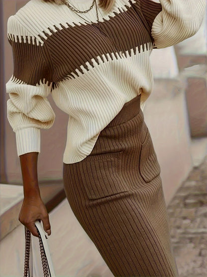 Hazel Blues® |  Two-Tone Ribbed Knit Top and Skirt Sweater Set