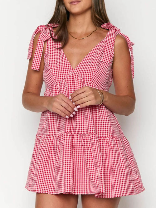 Hazel Blues® |  Gingham Tie Shoulder Mini Dress