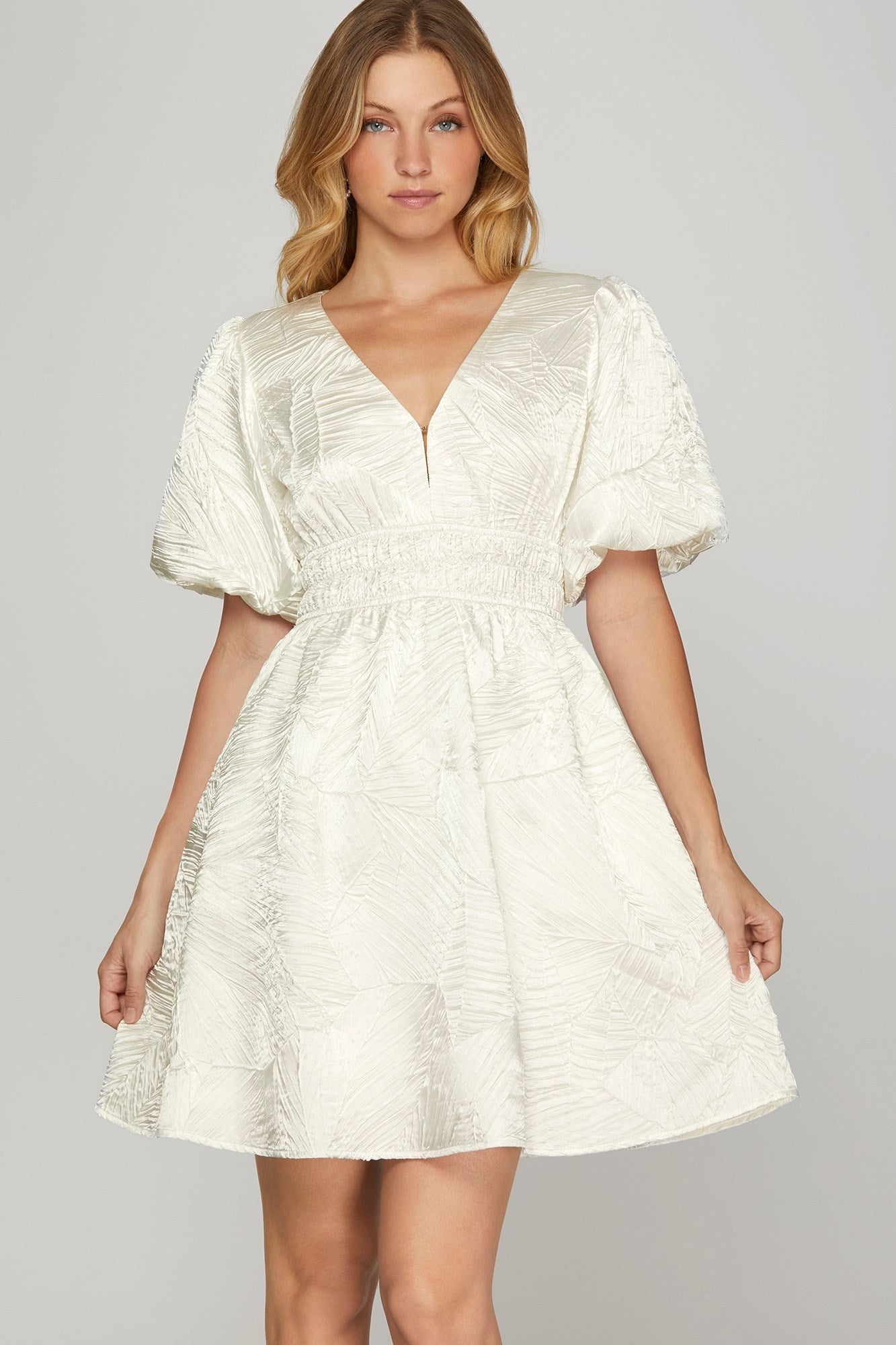 Hazel Blues® |  She + Sky Crinkle Woven V-Neck Balloon Sleeve Mini Dress