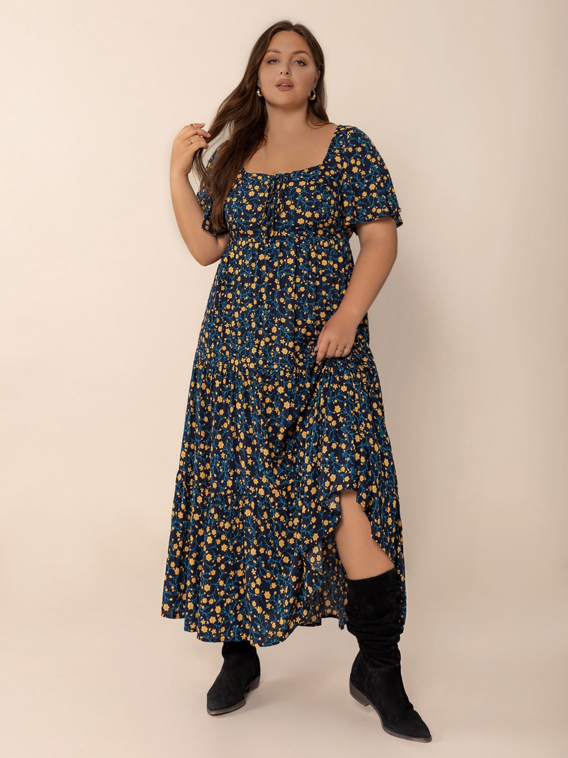 Hazel Blues® | Printed Short Sleeve Slit Tiered Maxi Dress