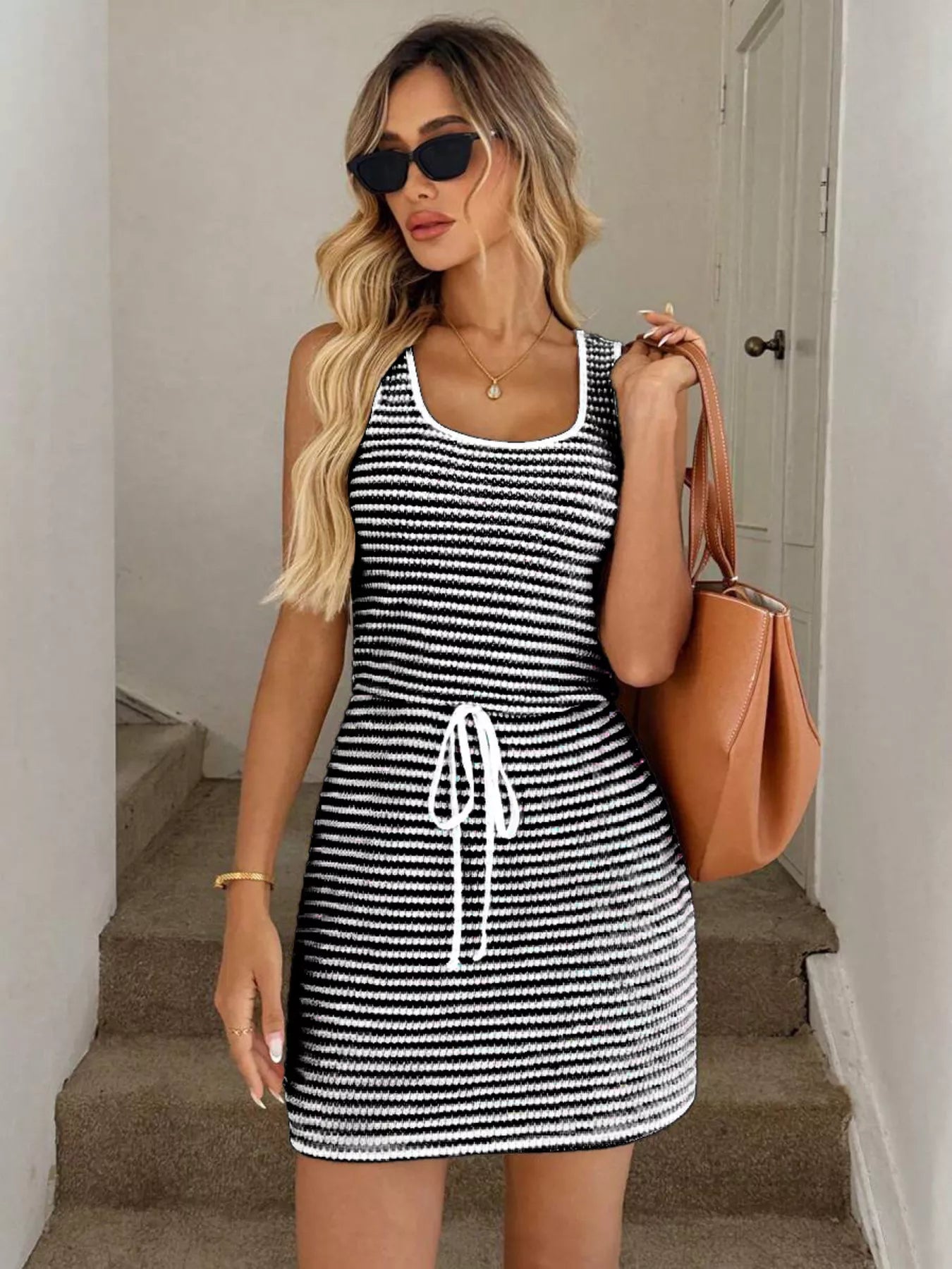 Hazel Blues® |  Striped Knitted Mini Dress with Drawstring