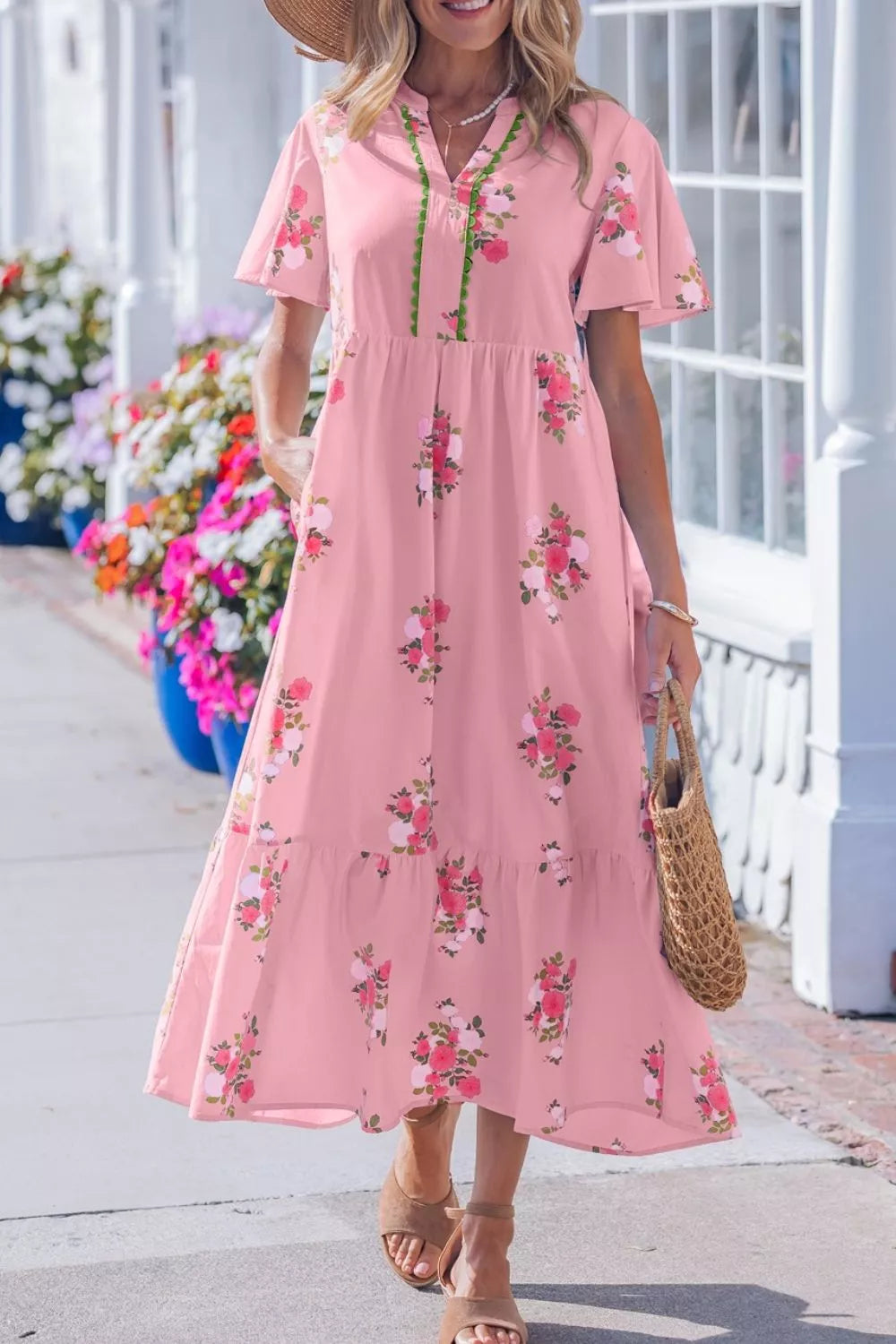 Hazel Blues® |  Notched Neck Flutter Short Sleeve Floral Print Dress
