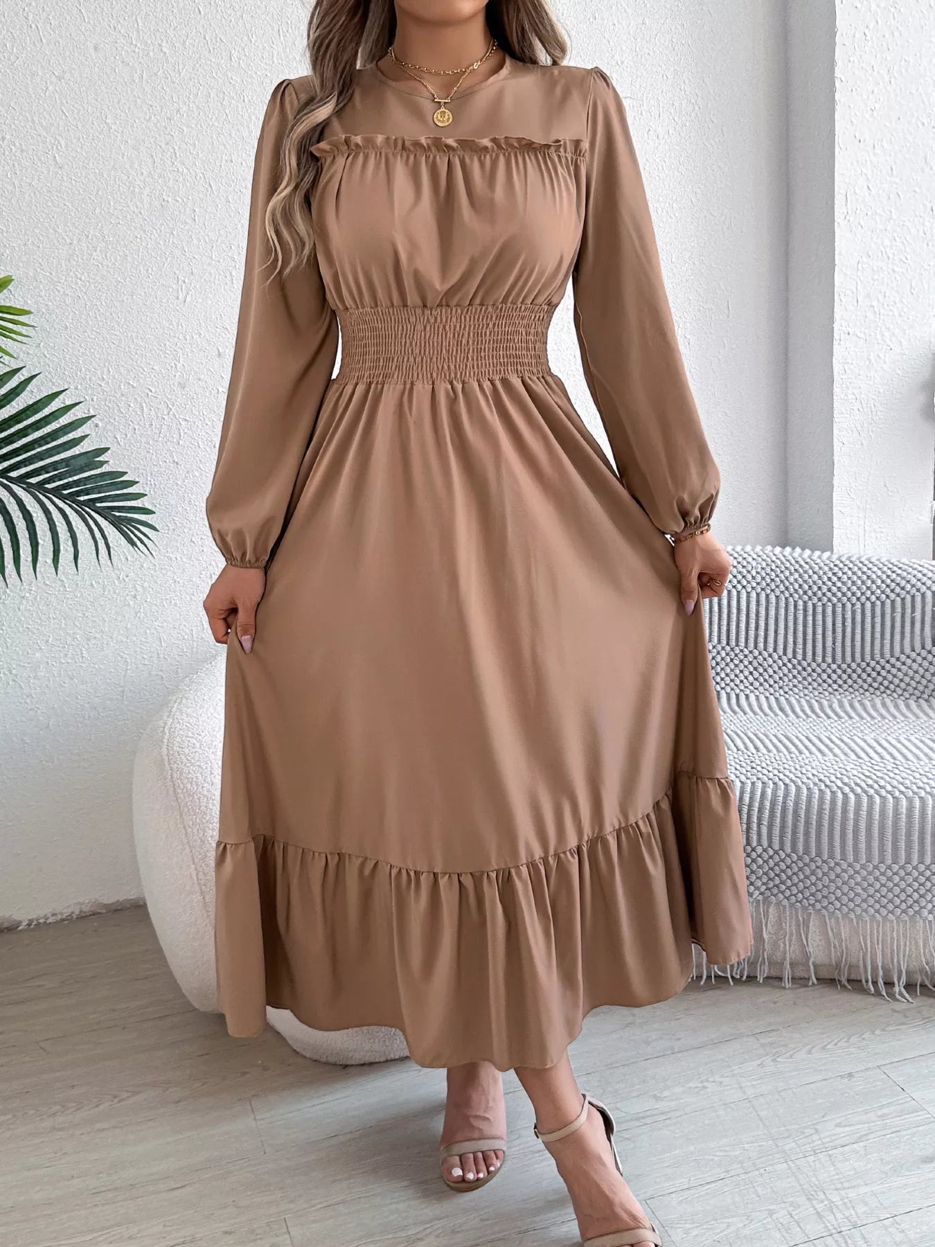 Hazel Blues® |  Round Neck Balloon Sleeve Tiered Dress
