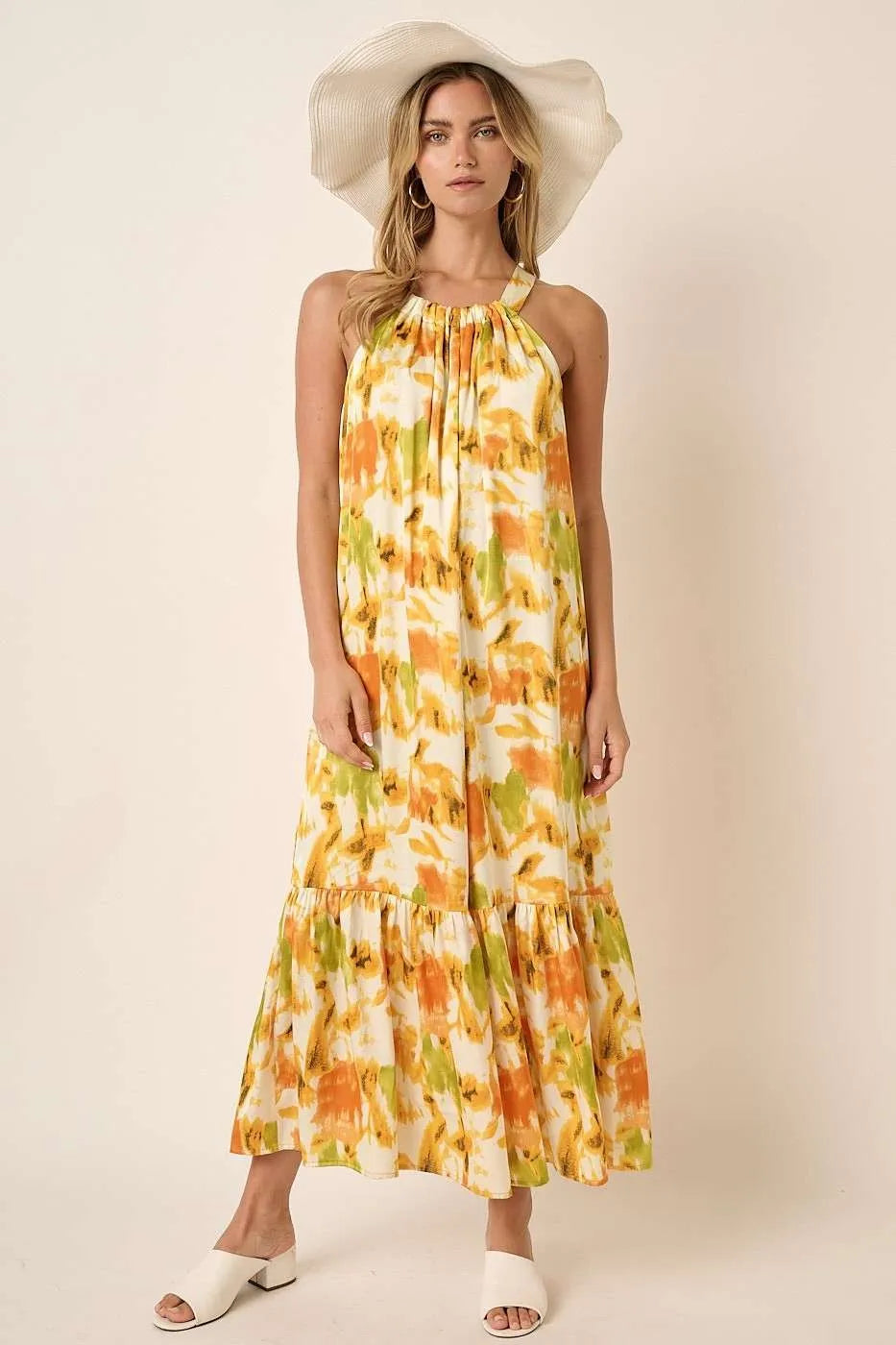 Hazel Blues® |  Mittoshop Watercolor Print Halter Neck Satin Maxi Dress