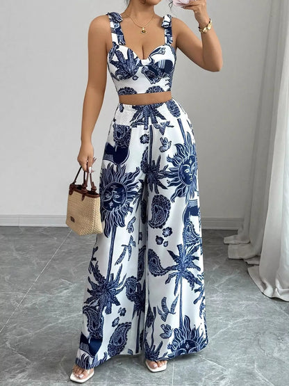 Hazel Blues® |  Floral Print Crop Top and Wide Leg Pants Set