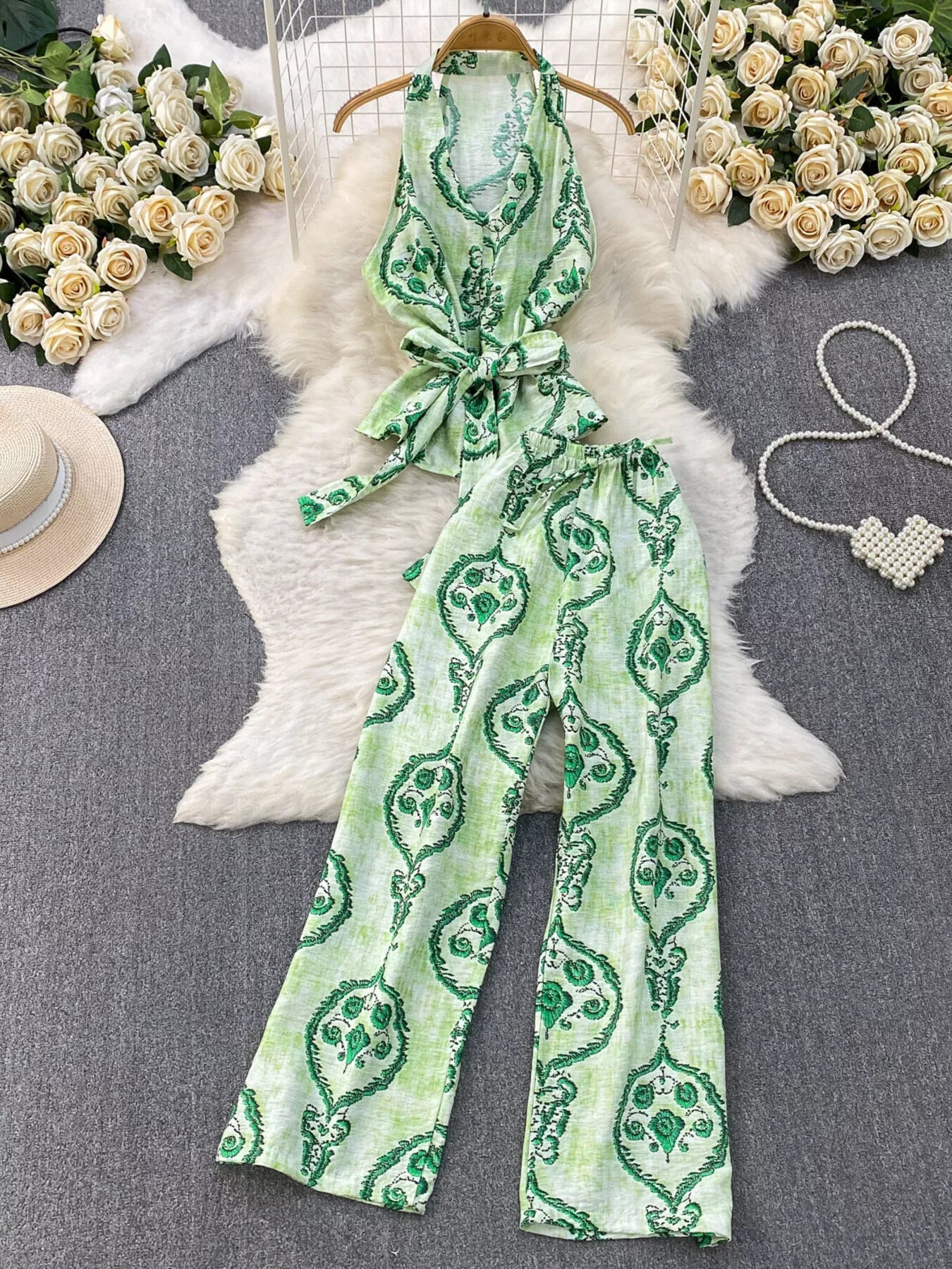 Hazel Blues® |  Printed Sleeveless Top and Wide Leg Pants Set