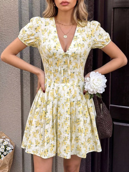 Hazel Blues® |  Floral Print V-Neck Puff Sleeve Mini Dress