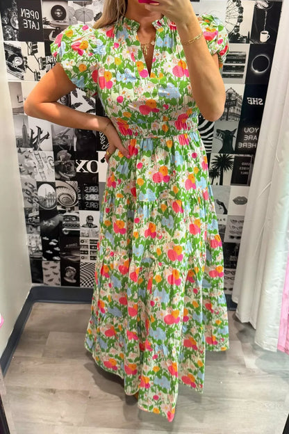 Hazel Blues® |  Floral Print V Neck Short Puff Sleeve Cotton Maxi Dress