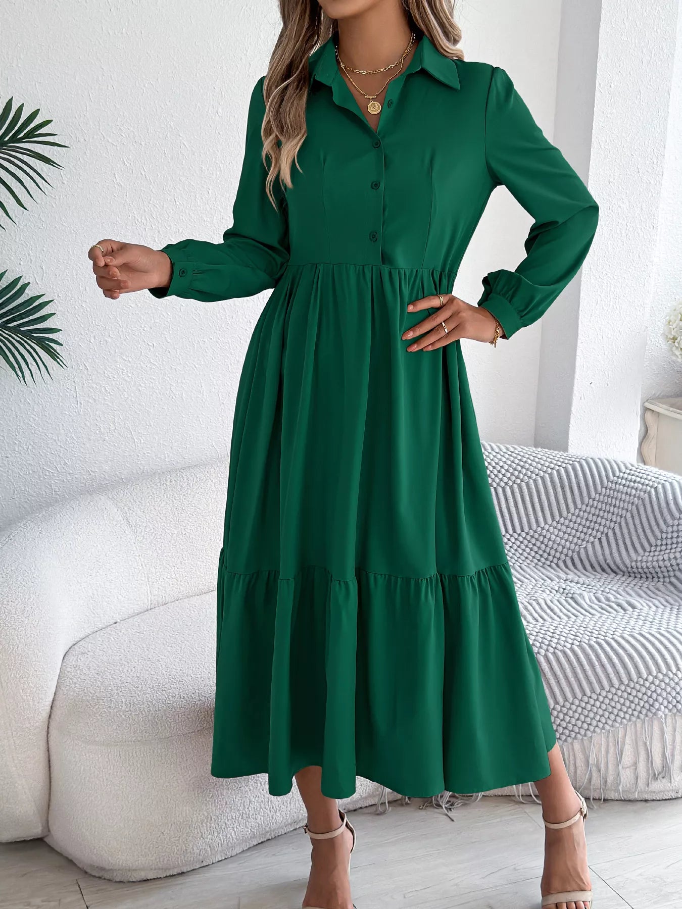 Hazel Blues® |  Long Sleeve Tiered Button Front Midi Dress