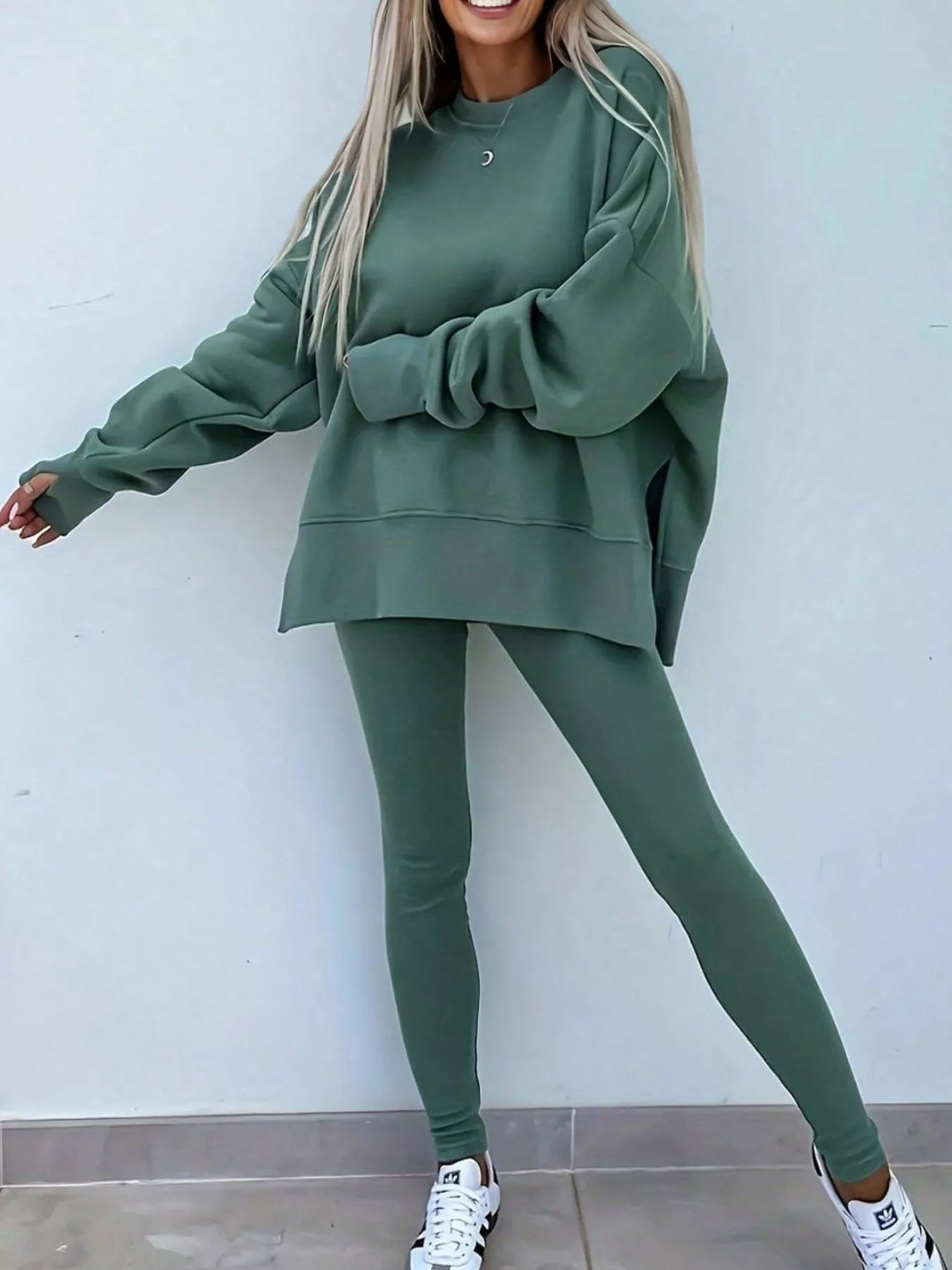 Hazel Blues® |  Solid Color Oversize Slit Sweatshirt and Ribbed Leggings 2pcs Set