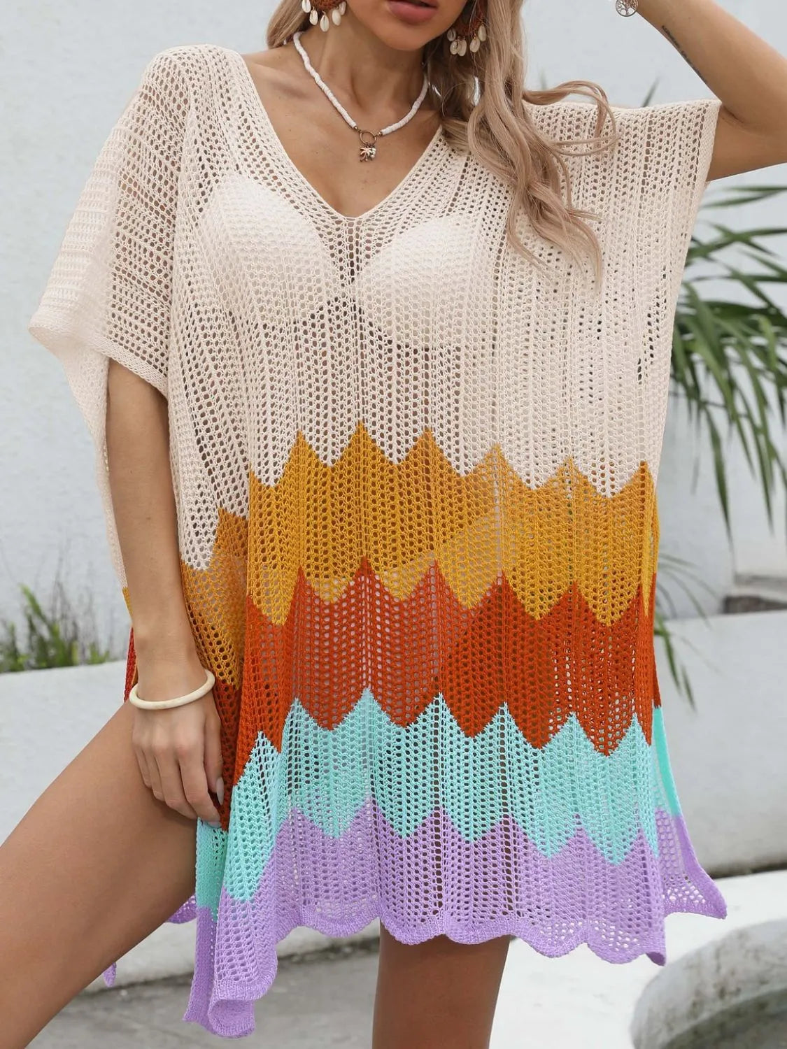 Hazel Blues® | Openwork V-Neck Half Sleeve Cover-Up