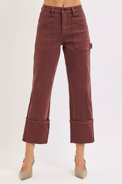 Hazel Blues® | RISEN High Rise Wide Straight Cuffed Patch Jeans