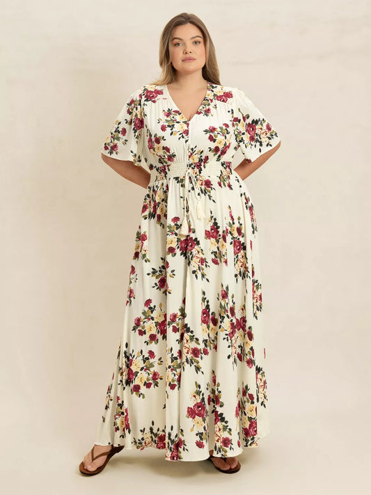 Hazel Blues® | Floral Flutter Sleeve Maxi Dress with Button Front