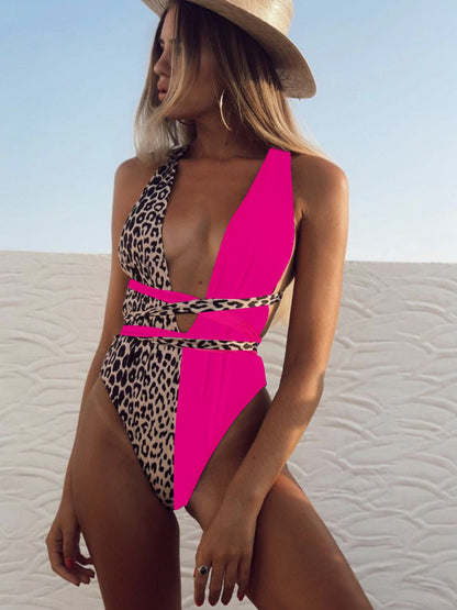Hazel Blues® | Tied Leopard Plunge One-Piece Swimwear