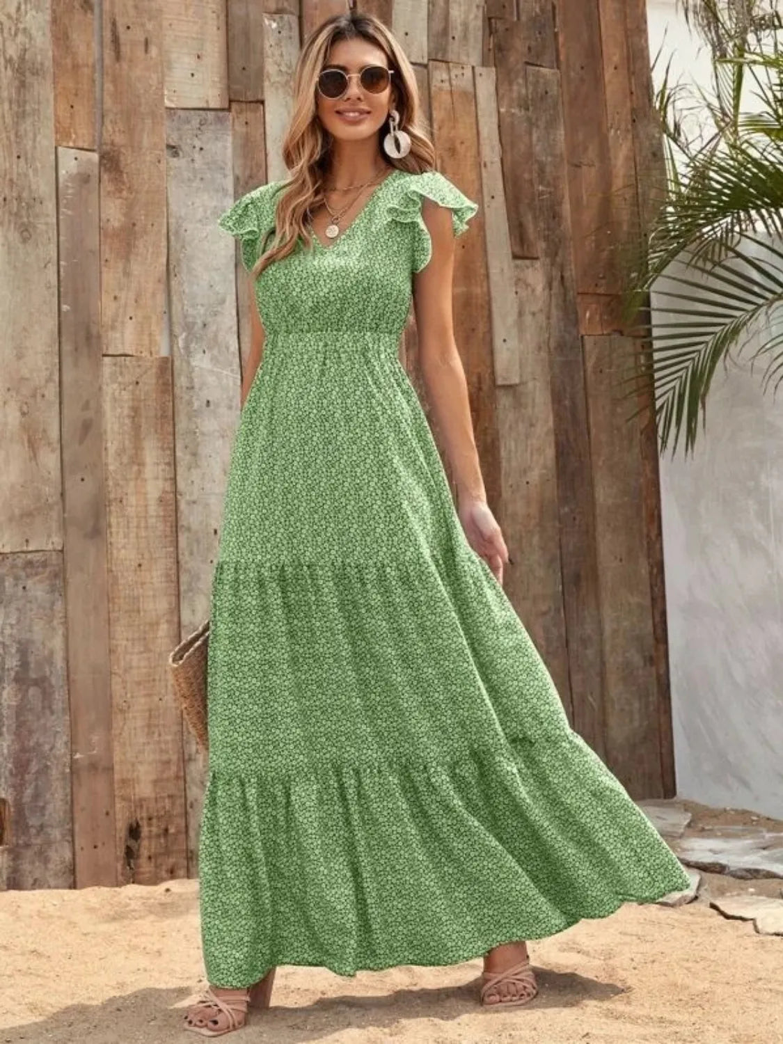 Hazel Blues® |  Printed V-Neck Ruffled Cap Sleeve Maxi Dress