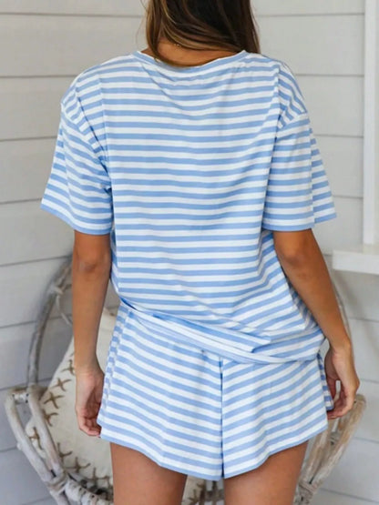 Hazel Blues® |  Striped Short Sleeve Tee and Drawstring Shorts Set